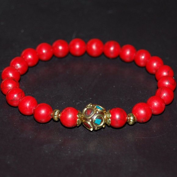 Red Howlite Bracelet,Tibetan Bracelet,Coral Brass focal Charm,8mm Beads - Picture 3 of 3